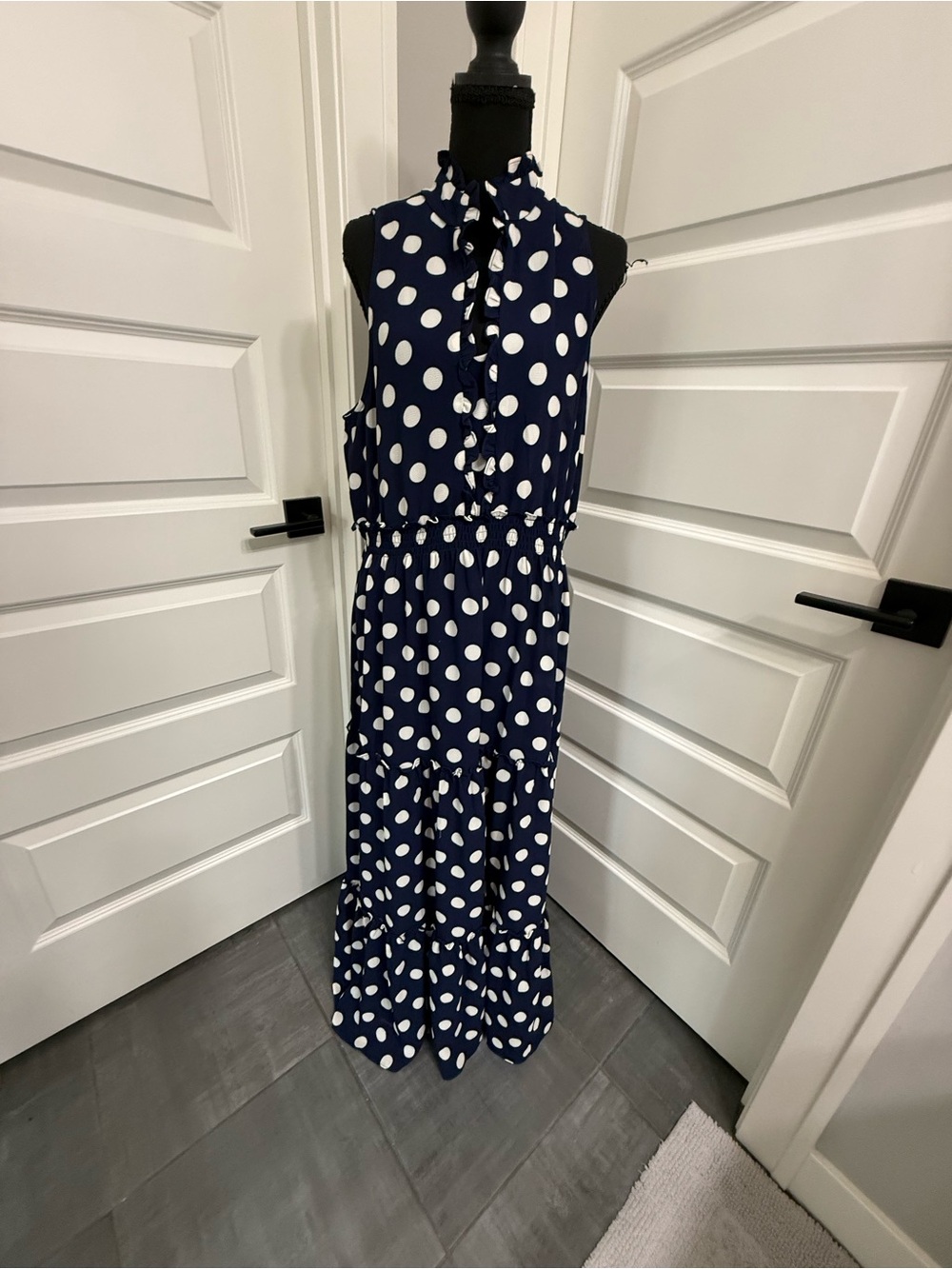 Maggy London Navy and White Polka Dot Sleeveless Maxi Dress with Ruffle Neck